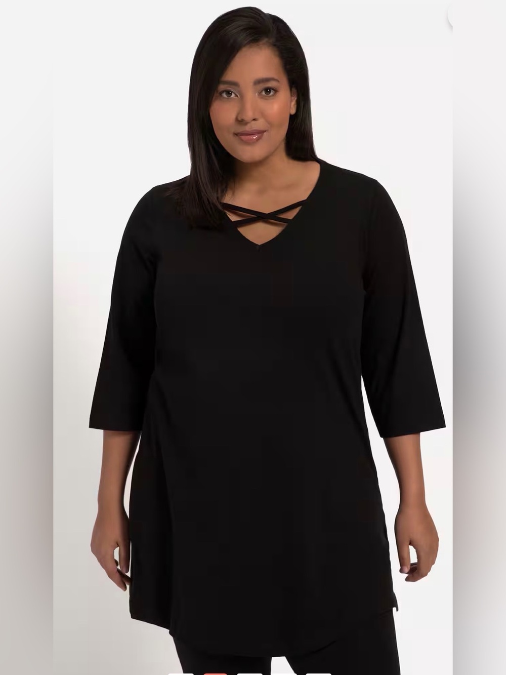 NWT Ulla Popken Black Crisscross Plus Size V-Neck 3/4 Sleeves Tunic 28/30